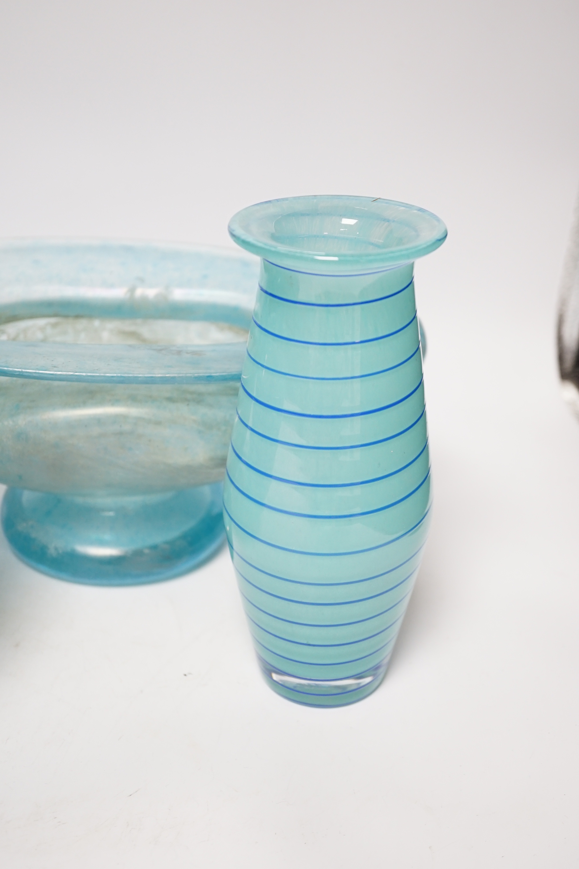 A Roman style two handled glass vase, a Kosta Boda bowl and two art glass vases, tallest 26.5cm